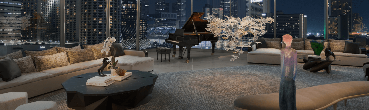 Christopher Guy showroom with table, seating and mirror